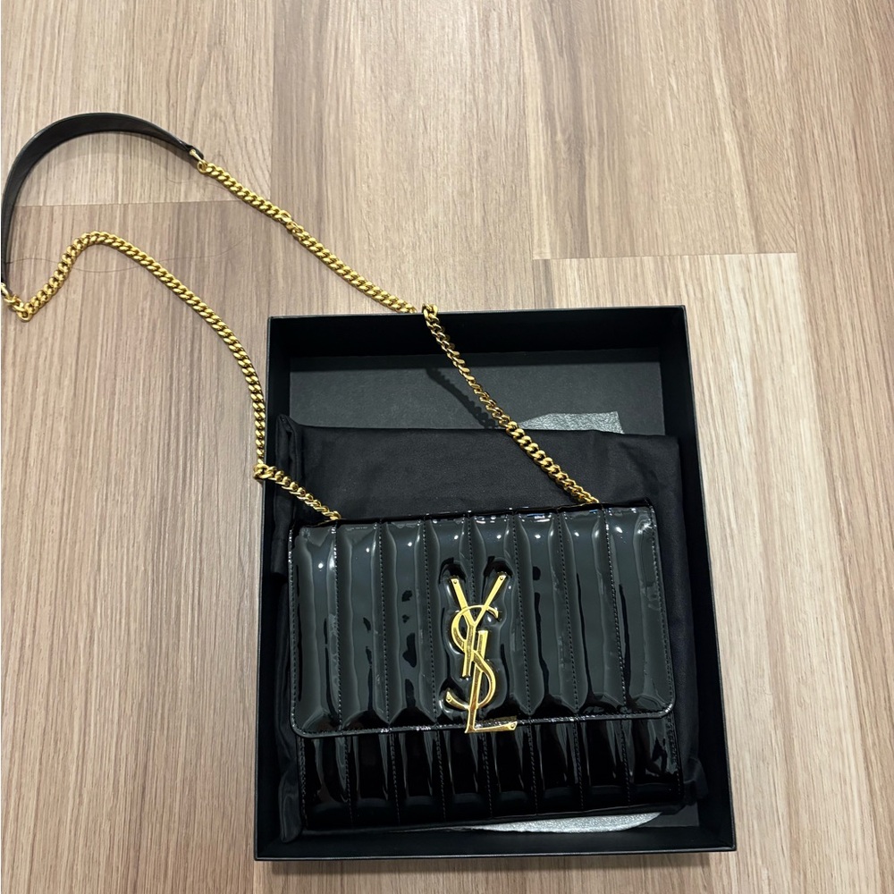 Yves Saint Laurent Black Patent Leather wallet on chain